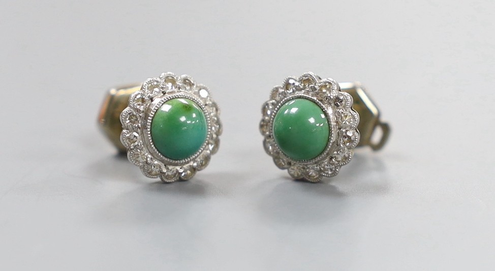 A pair of 14k, simulated jade and diamond cluster set ear studs, 10mm, gross weight 3 grams.